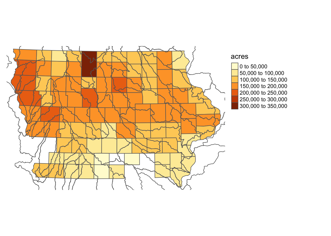 Map of HUC units superimposed on the counties in Iowas