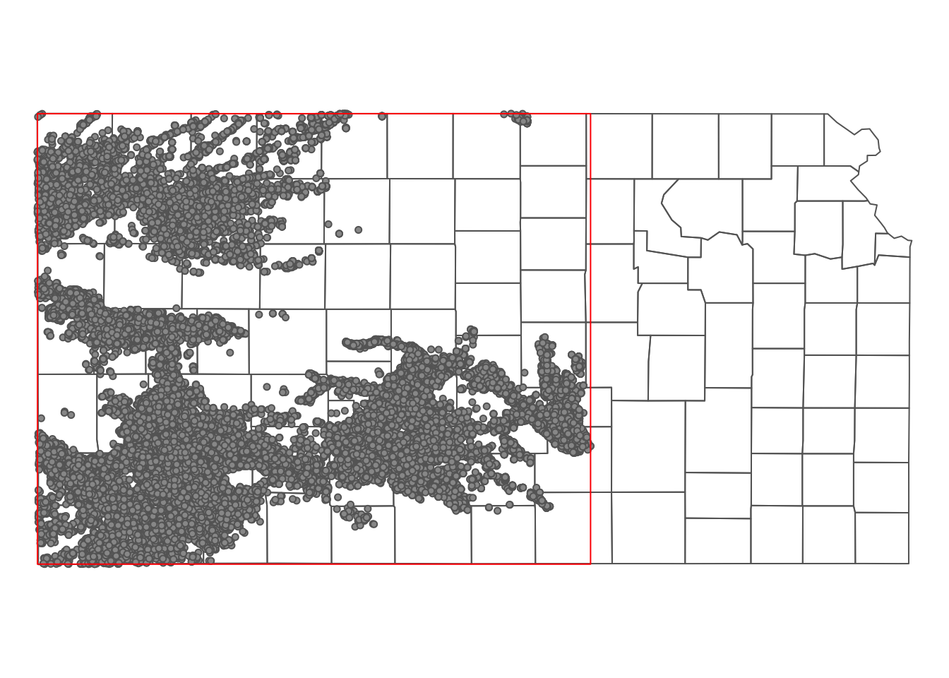 The bounding box of the irrigation wells in Kansas that overlie HPA