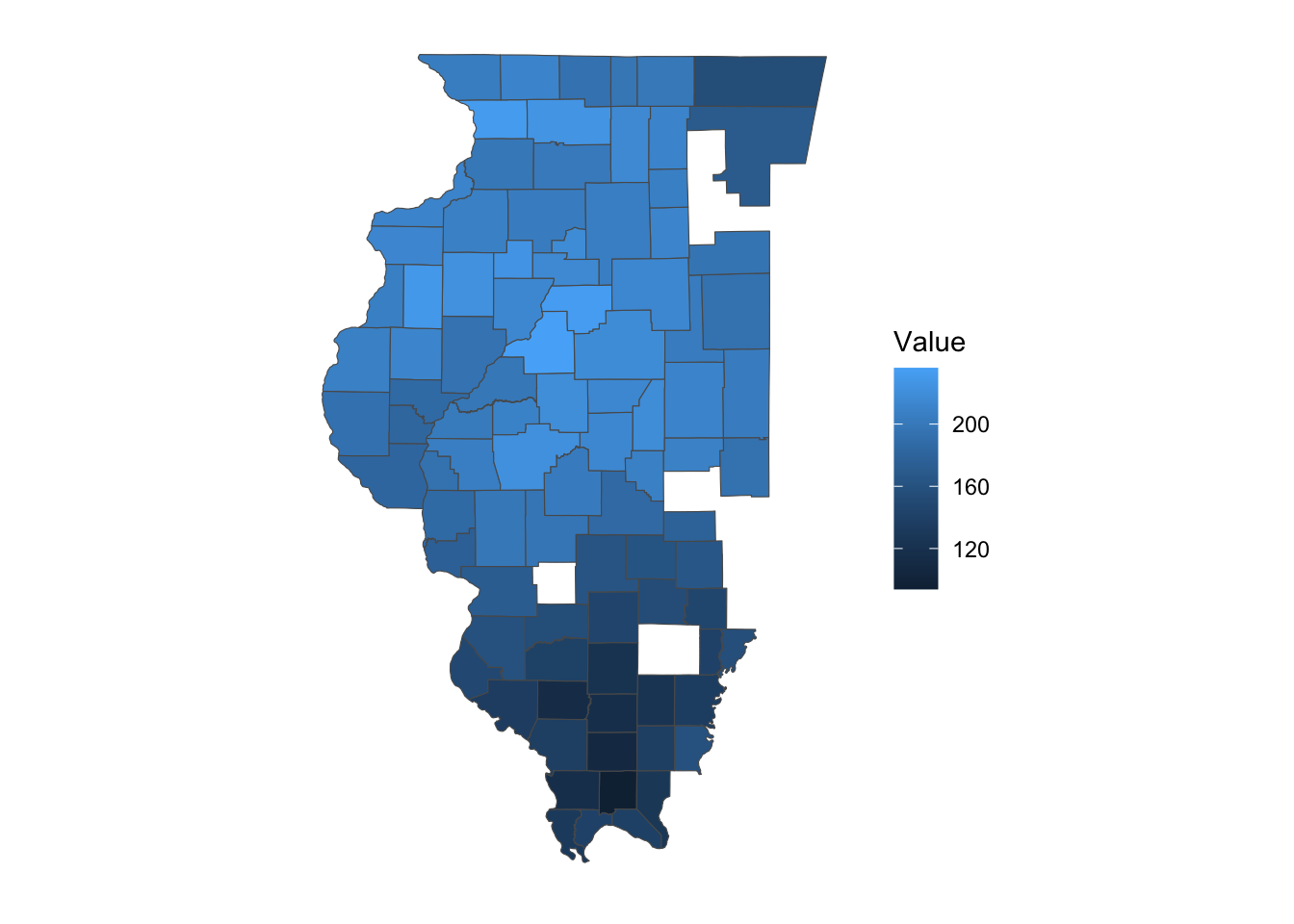Corn Yield (bu/acre) in Illinois in 2016