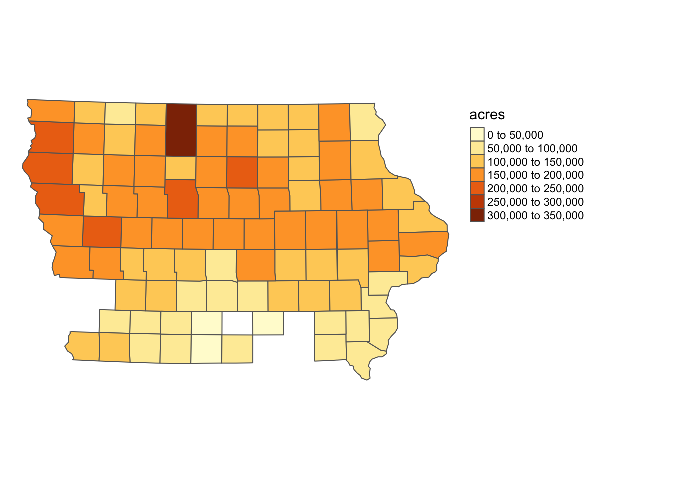 Map of Iowa counties color-differentiated by corn planted acreage