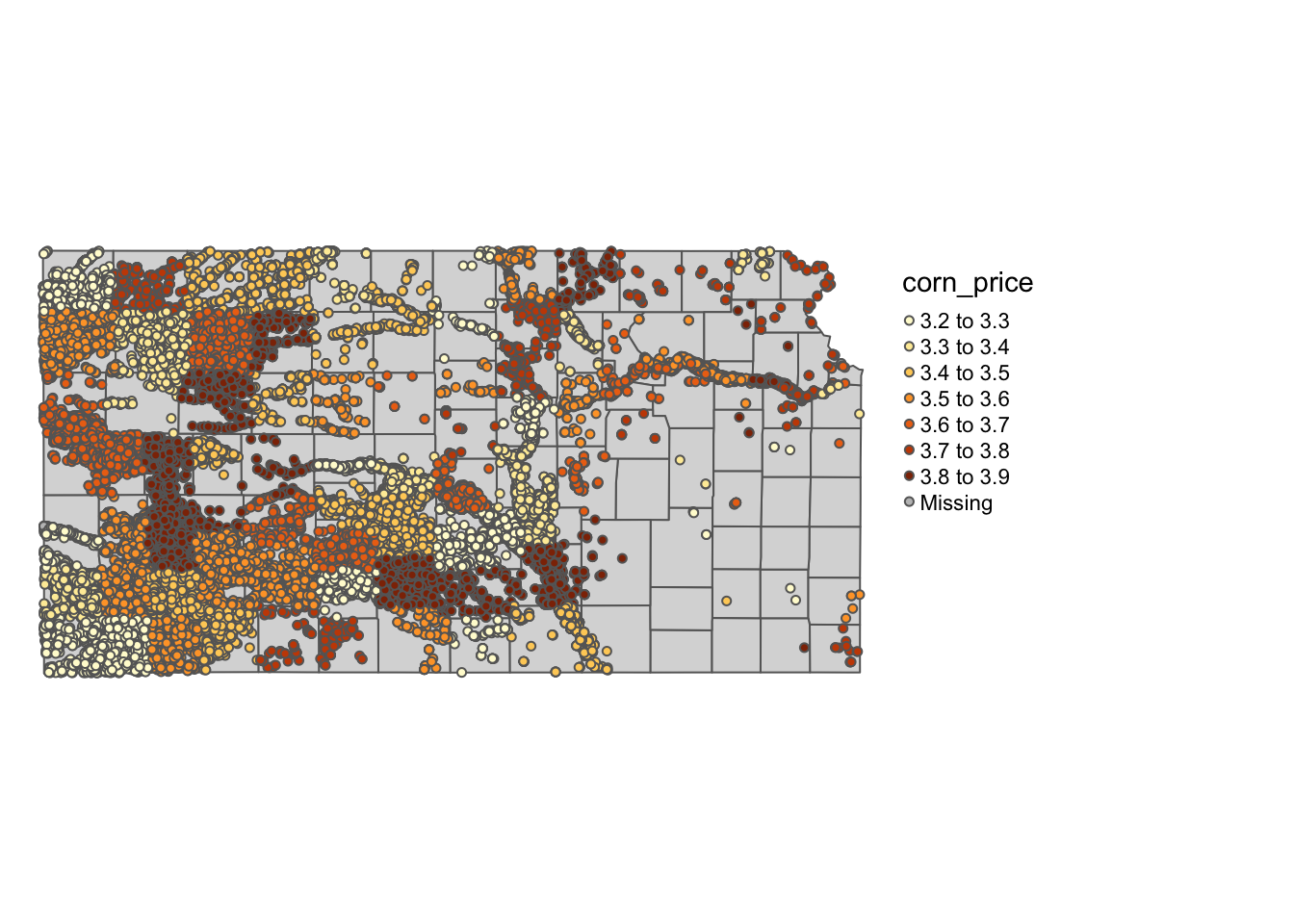 Map of wells color-differentiated by corn price