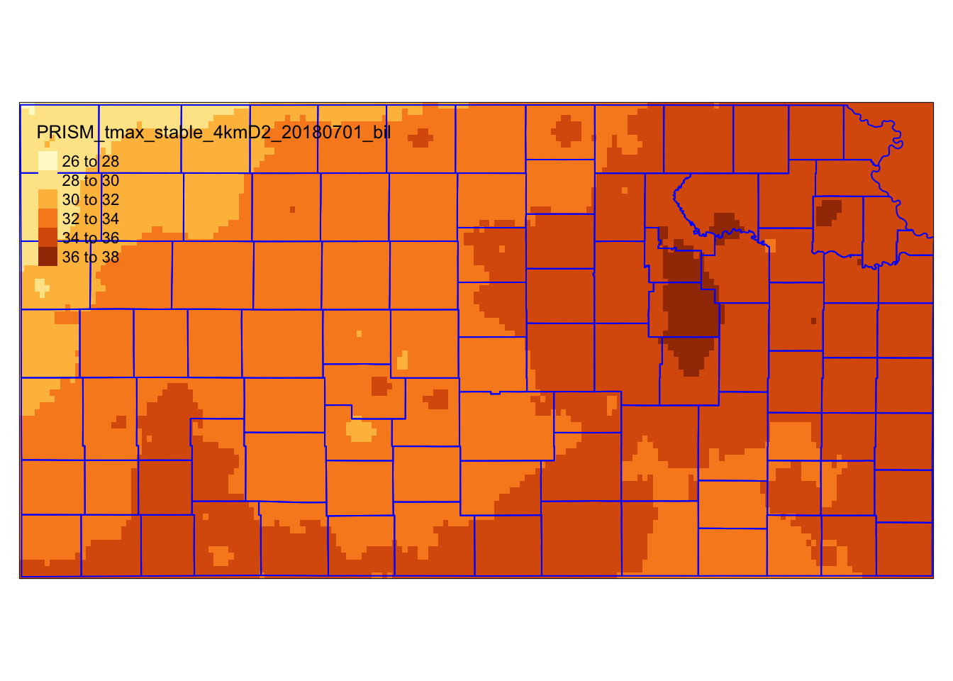 PRISM tmax raster data cropped to the geographic extent of Kansas