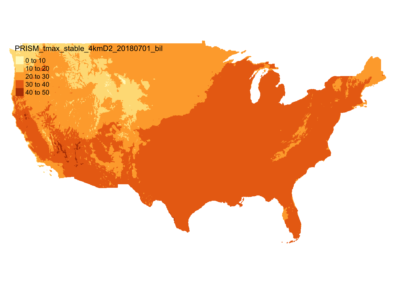 Map of PRISM tmax data on July 1, 2018