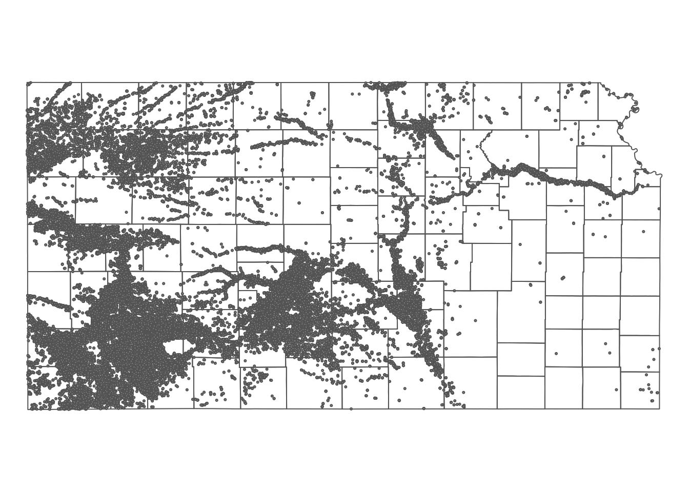 Map of Kansas county borders, irrigation wells, and PRISM tmax