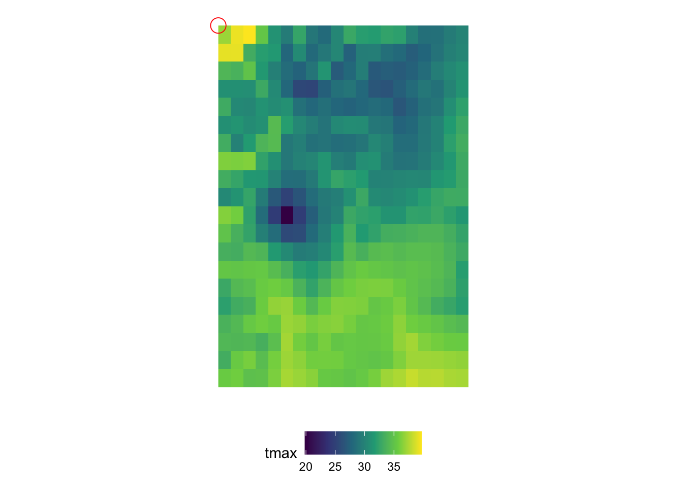 Map of tmax values on August 10, 2009: 20 by 20 matrix of cells